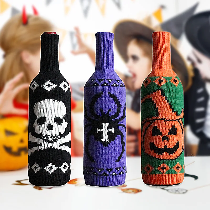 Skull Pumpkin Knitted Champagne Wine Bottle Bag Table Decor Supplies Happy Helloween Party Decor