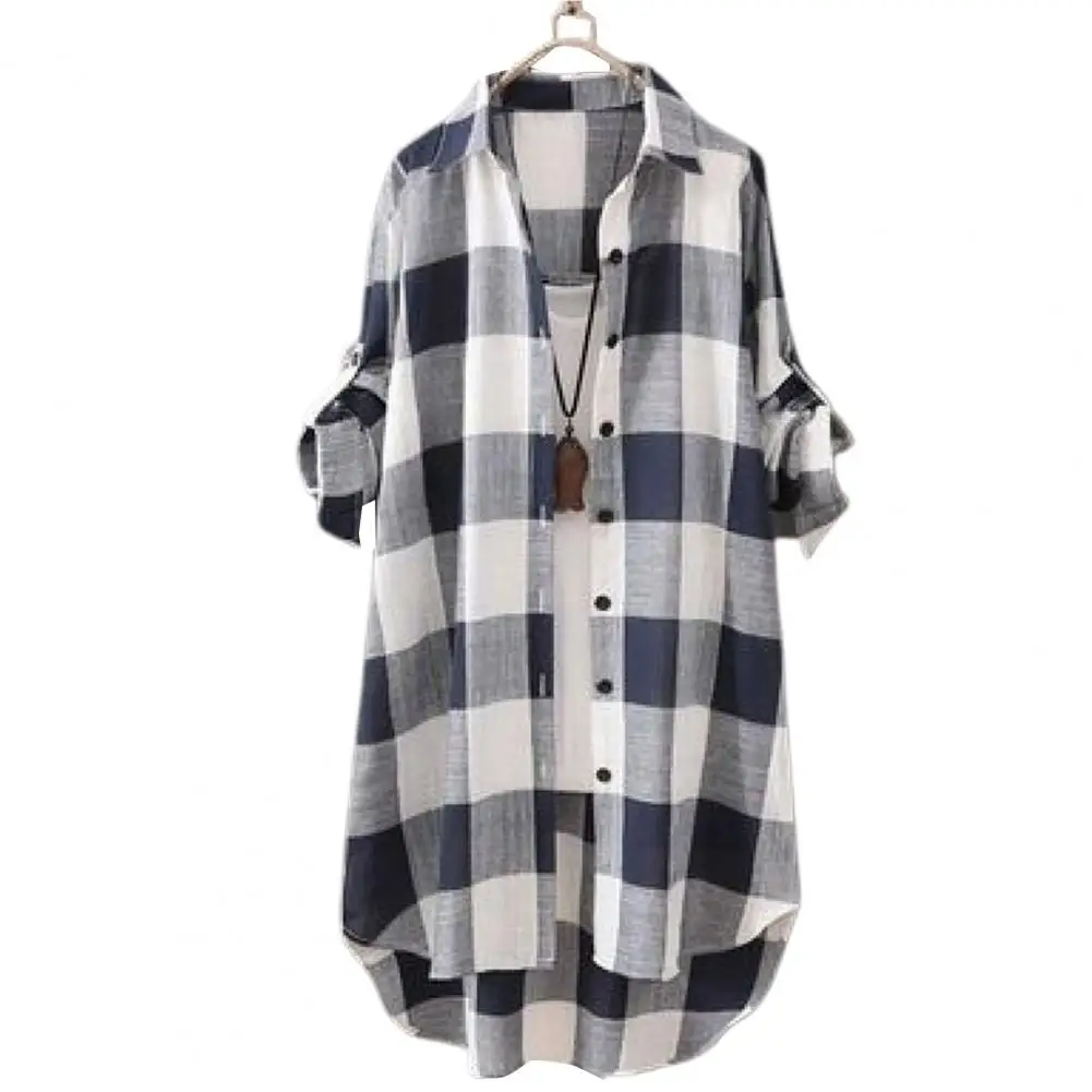 

Trendy All-matched Buttons Closure Plaid Print Mid-Length Loose Shirt Single Breasted Sunscreen Shirt Female Clothing
