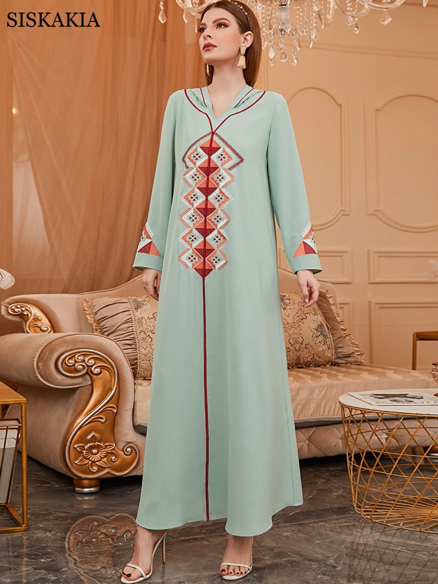 Siskakia Hooded Embroidered Abaya Dress for Women Light Green Elegant Ethnic Loose Arabic Oman Kuwait Qatar Muslim Clothes Eid