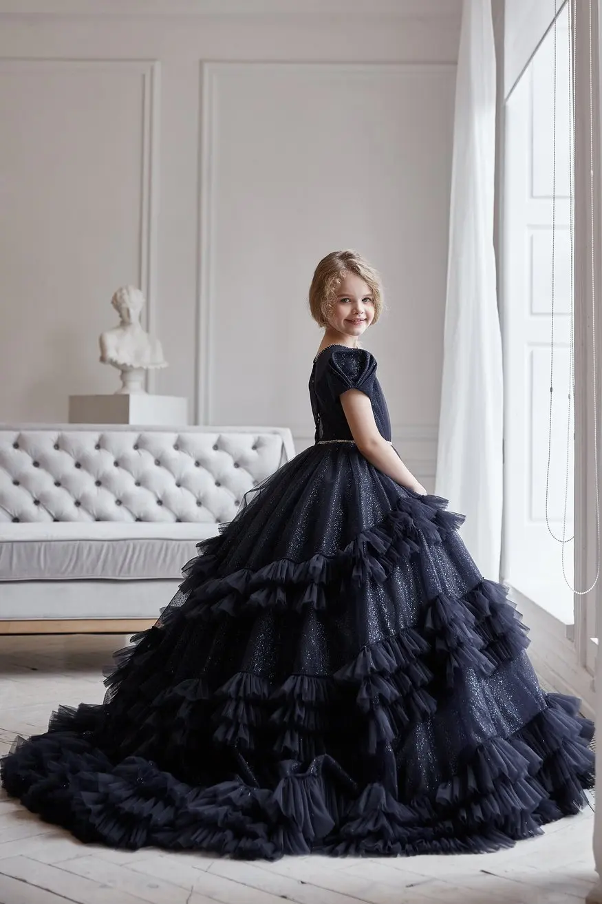 

Black Fluffy Tulle Layered Beaded Embellishment Flower Girl Dress Wedding High-end Flower Child Dance Celebration Dress