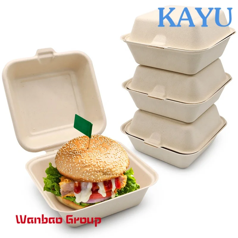 Custom 6x6 Inch Take Away Lunch Packing Fast Food Container Biodegradable Clamshell Bagasse Hamburger Sugarcane Burger Box