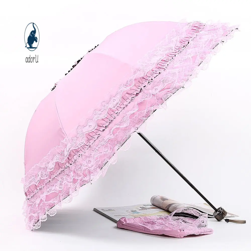

Lovely Manual Sun Umbrella Uv Protection Three Fold Lace Umbrella With 8 Bone Waterproof Windproof Parasol Umbrella 우산