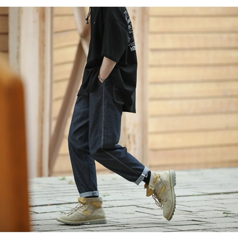 Streetwear Men 2022 New Pattern Vintage Recreational Navy Blue Jeans Loose Straight Cylinder Broad Leg Trousers Autumn Female