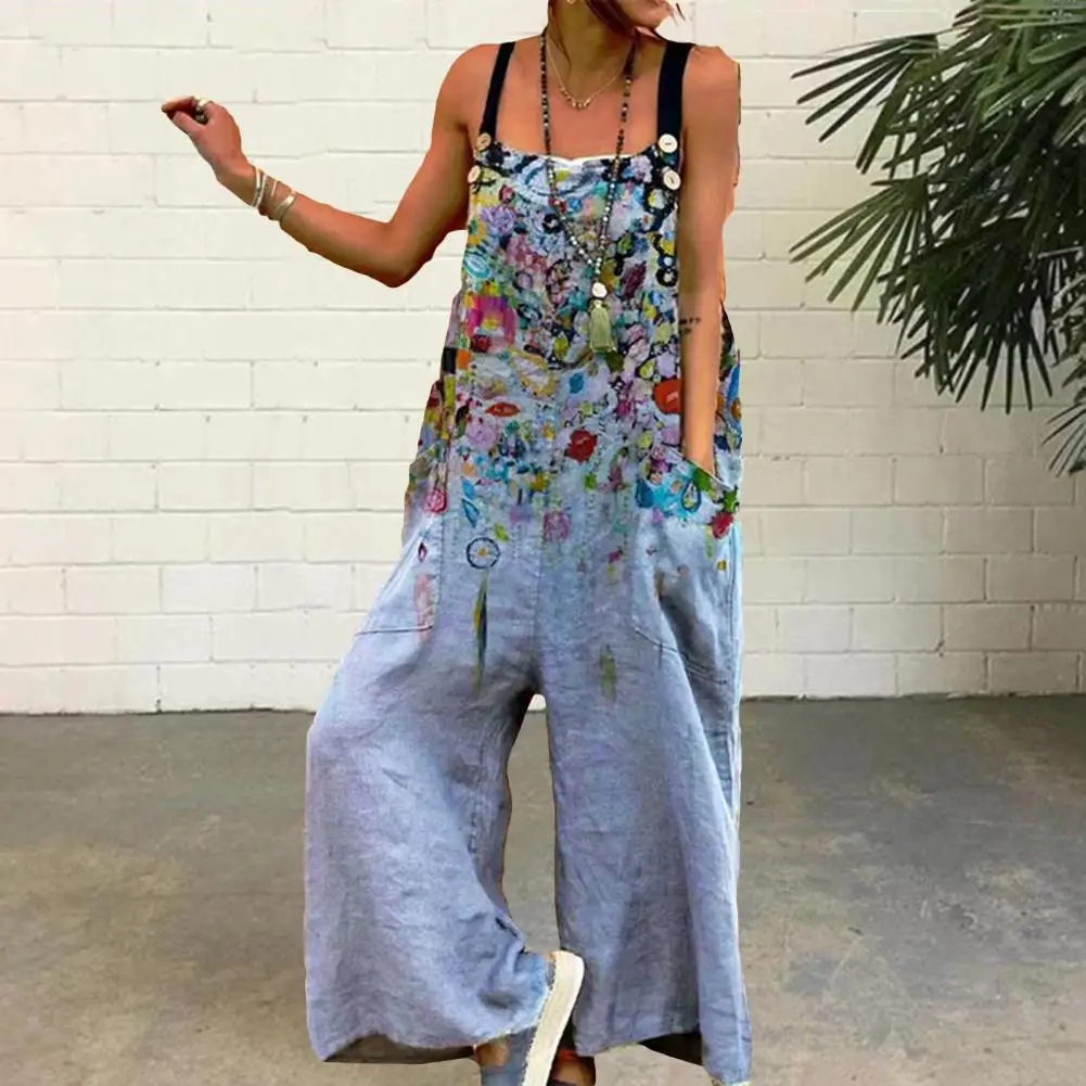 

Women's Loose Jumpsuit with Large Pocket Women Romper Sleeveless Casual Adjustable Straps Flower Print Deep Crotch Lady Jumpsuit
