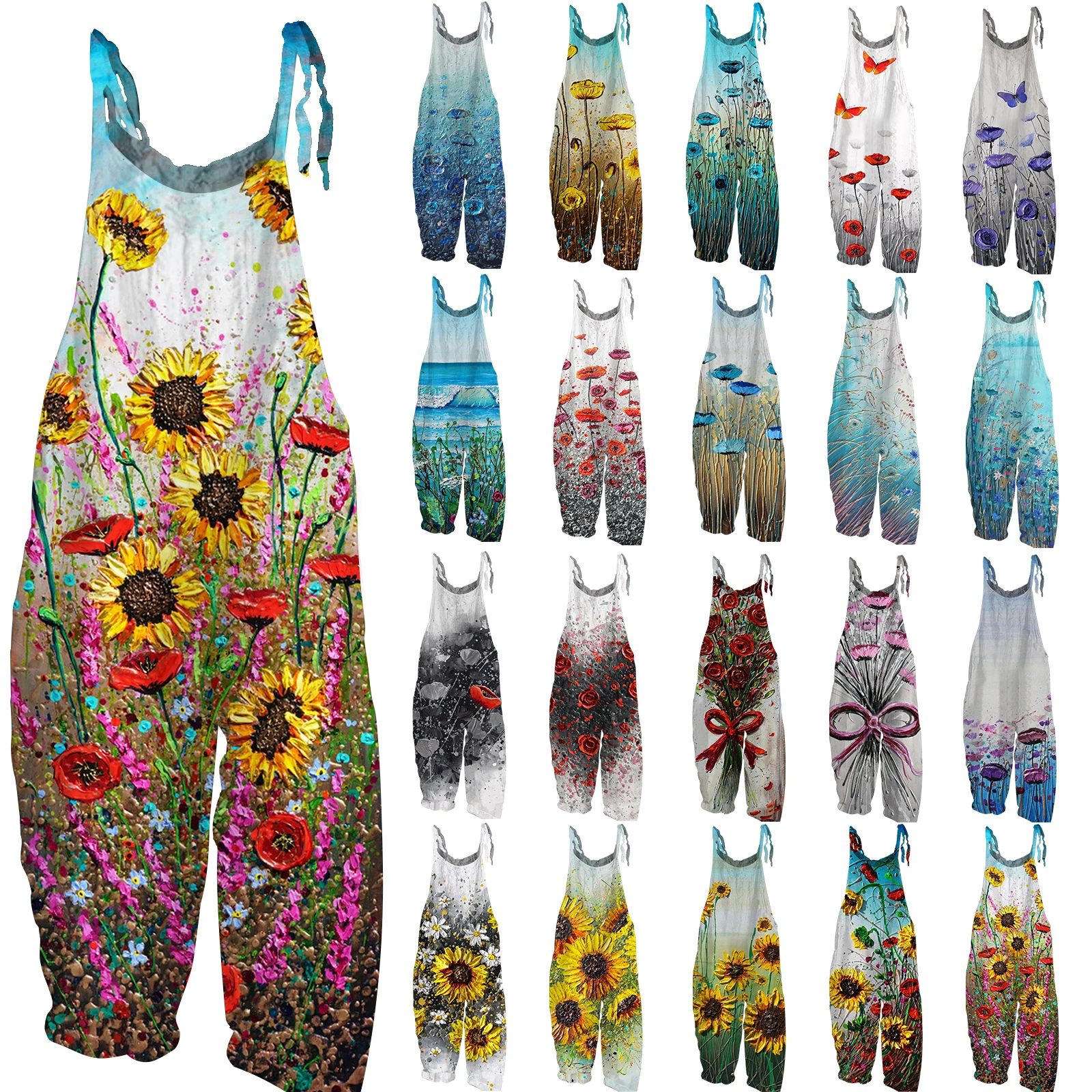 

Vintage WOMEN'S 3D Flower Print Racerback Sleeveless Harem Jumpsuit Summer Paisley Spaghetti Straps Overall Jumpsuit For Women