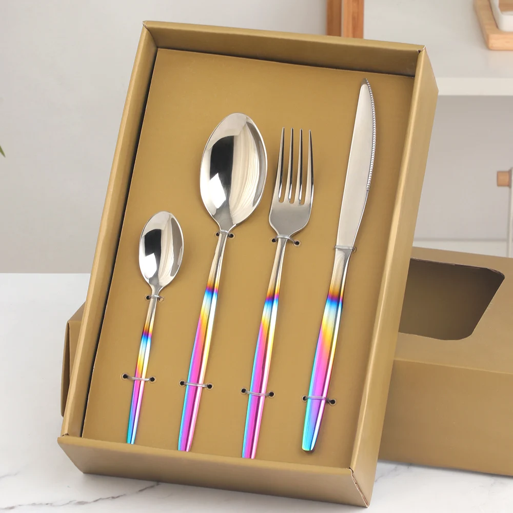 

16PCS Gold Dinnerware Set With Gift Box Stainless Steel Rainbow Cutlery Set Mirror Silverware Dinner Knife Fork Spoon Tableware