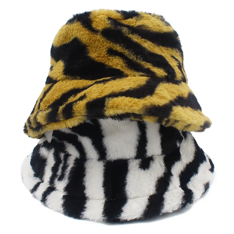 Woman Buckets Hat Tiger Prints Faux Fur Fluffy Winter Warm Hats Fishman Luxury Bucket Hats Panama Hiphop Fishing Caps Blower