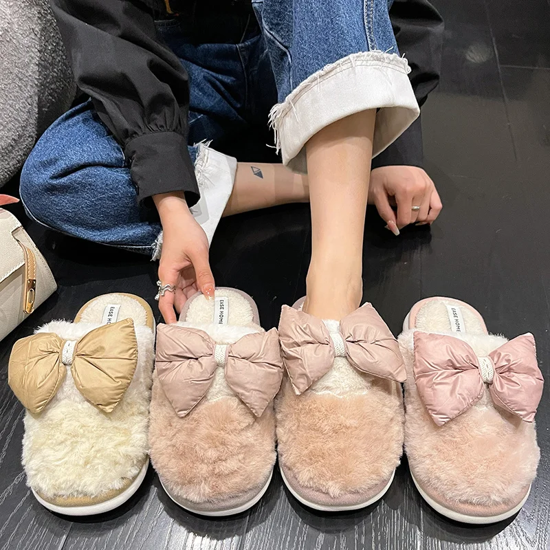 

Shoes Women Slippers Flat Slides Pantofle Flock Low Butterfly-Knot Fur Flip Flops Platform Soft 2022 Massage Plush Basic Butter