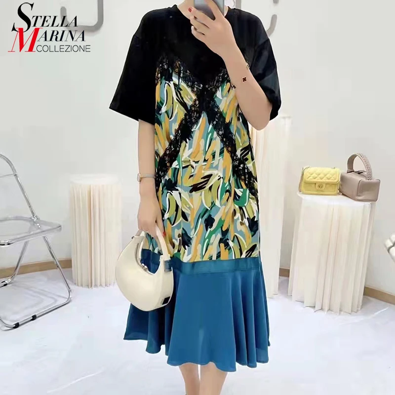 

New Summer Woman Casual Blue Black Part Patchwork Dress Printed Part Join Ladies Cute Loose Fit Street Dresses Robe Style MJU021