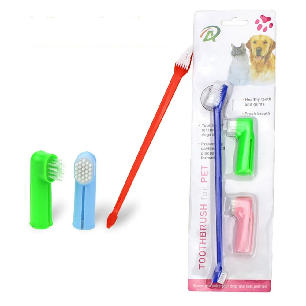 

JMT Two Headed Dog Toothbrush Set Canine Dental Hygiene Brush with 2 Finger Brushes Soft Bristles