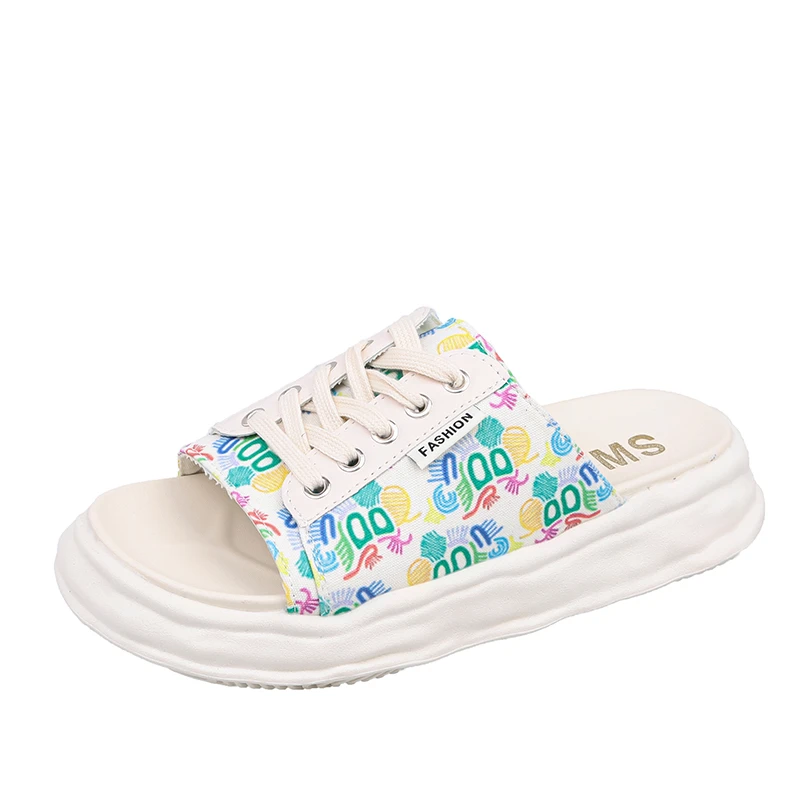 Woman Platform Espadrilles Graffiti Canvas Flat Medium Heels Lona Casual Slippers Luxury Low Heel Sandals Shoes Strap Flip Flops