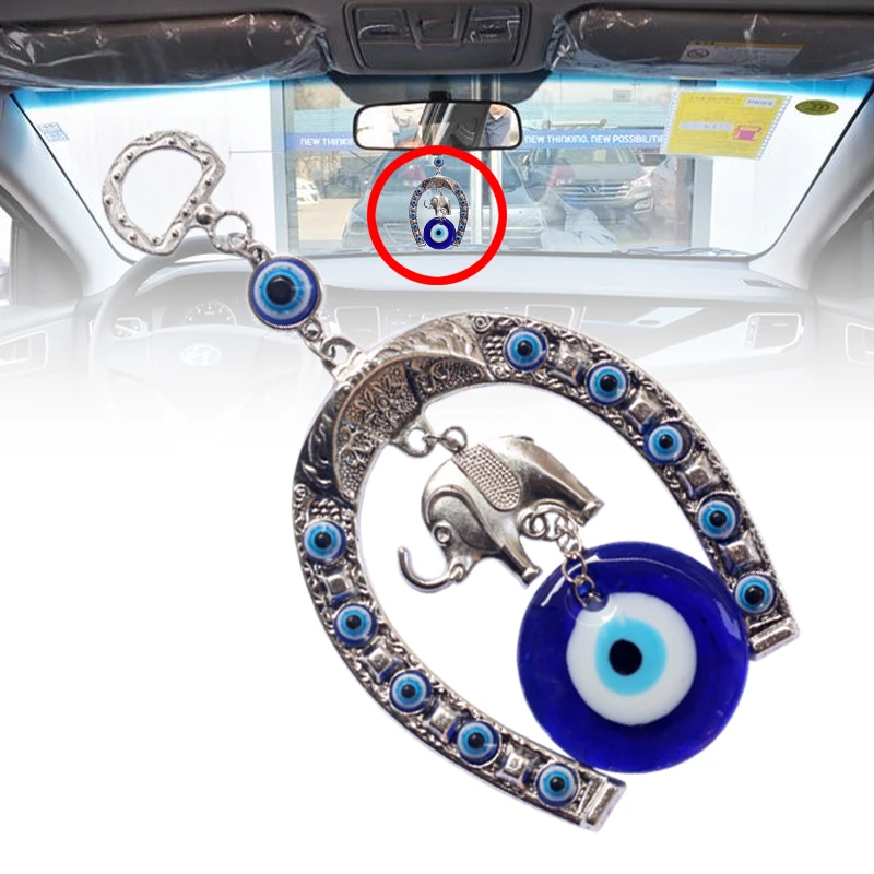 Turkish Blue Eye Amulet Horseshoe With Elephant Ribbon Ethnic Wall Hanging Lucky Pendants Wind Chimes Home Car Decoration Gift