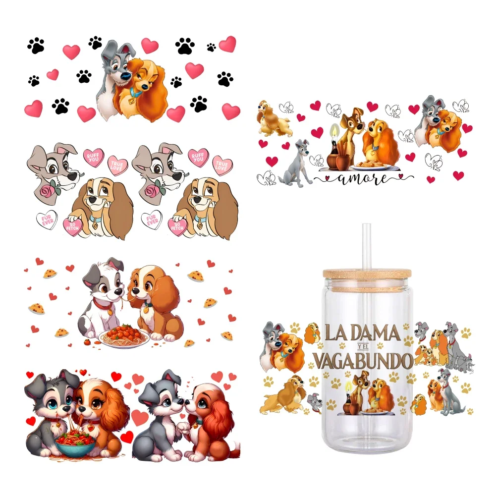 w postaci kreskówki Disney Lady And The Tramp UV DTF Transfer Sticker Wodoodporne naklejki transferowe do naklejek na szklane kubki o pojemności 16