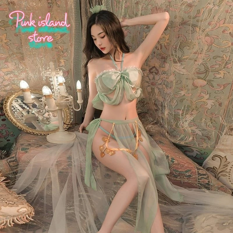 

Green Ancient Style Elegant Butterfly Lace Up Split Skirt Underwear Uniform Set Anime Cosplay Lingerie Pornos Suit Costume Women