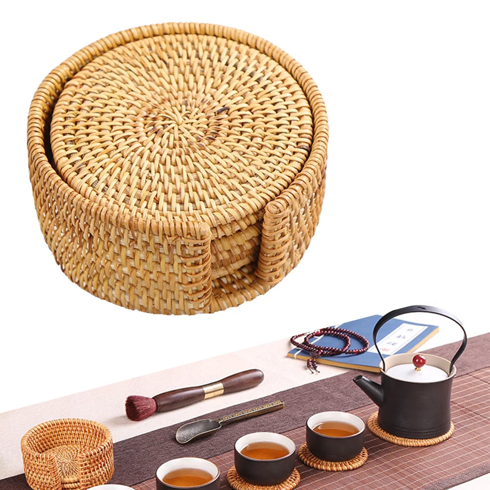 

6pcs/ set Rattan Coasters Handwoven Coasters Tea Cup Mat Base Dishes Insulated Hot Pads Pot Holder Dining Room Kitchen