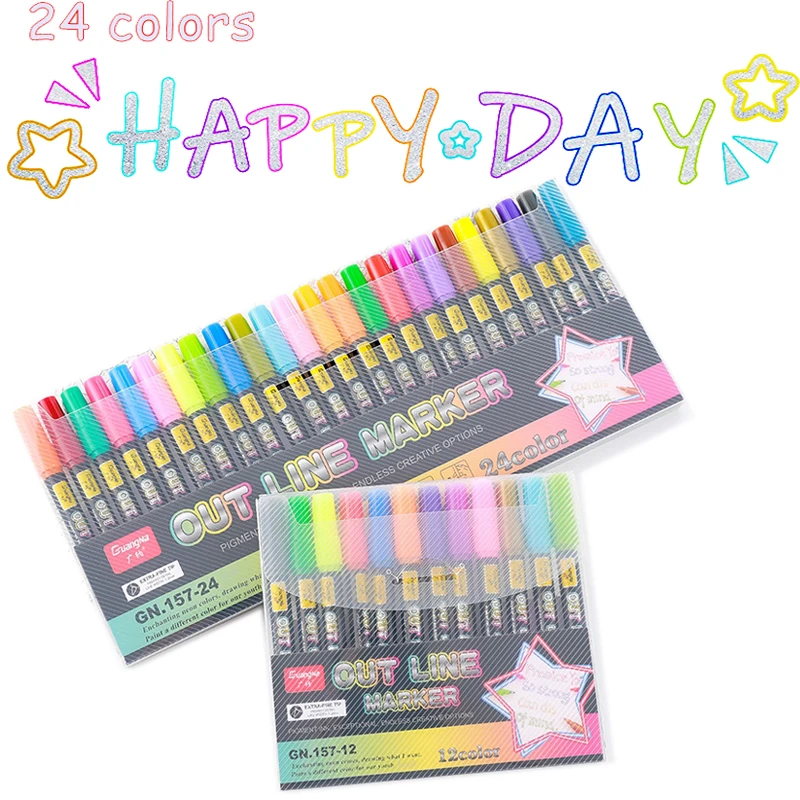 Двусторонние Контурные ручки 24 цветов блестящие самоконтурные металлические