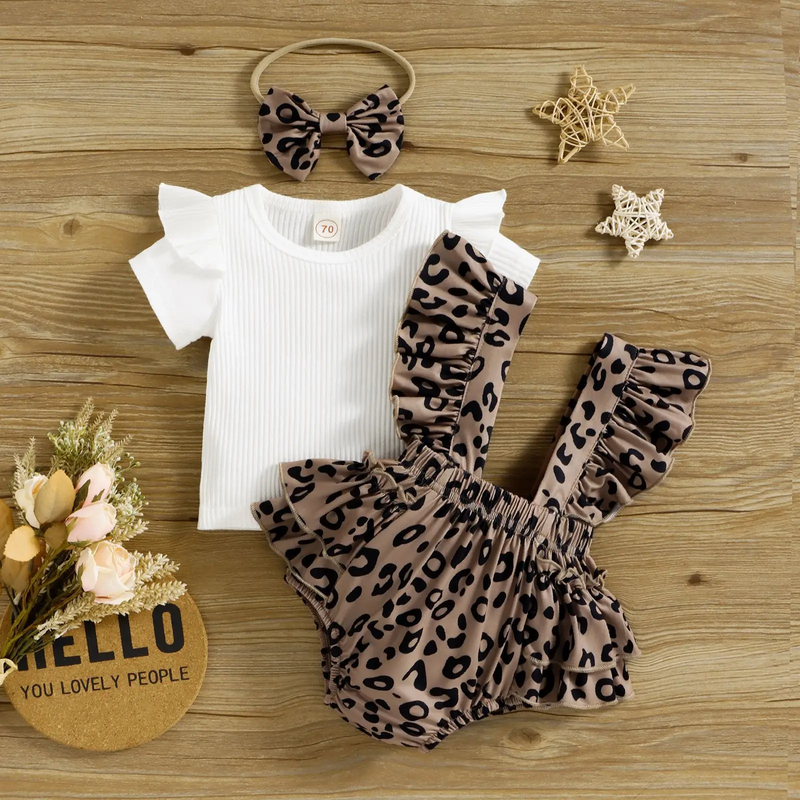 

New Born Baby Girl Clothes Children Cute Outfits Infant Solid Ribbed Top + Leopard Suspender Shorts 2pcs Toddler Cothing Sets