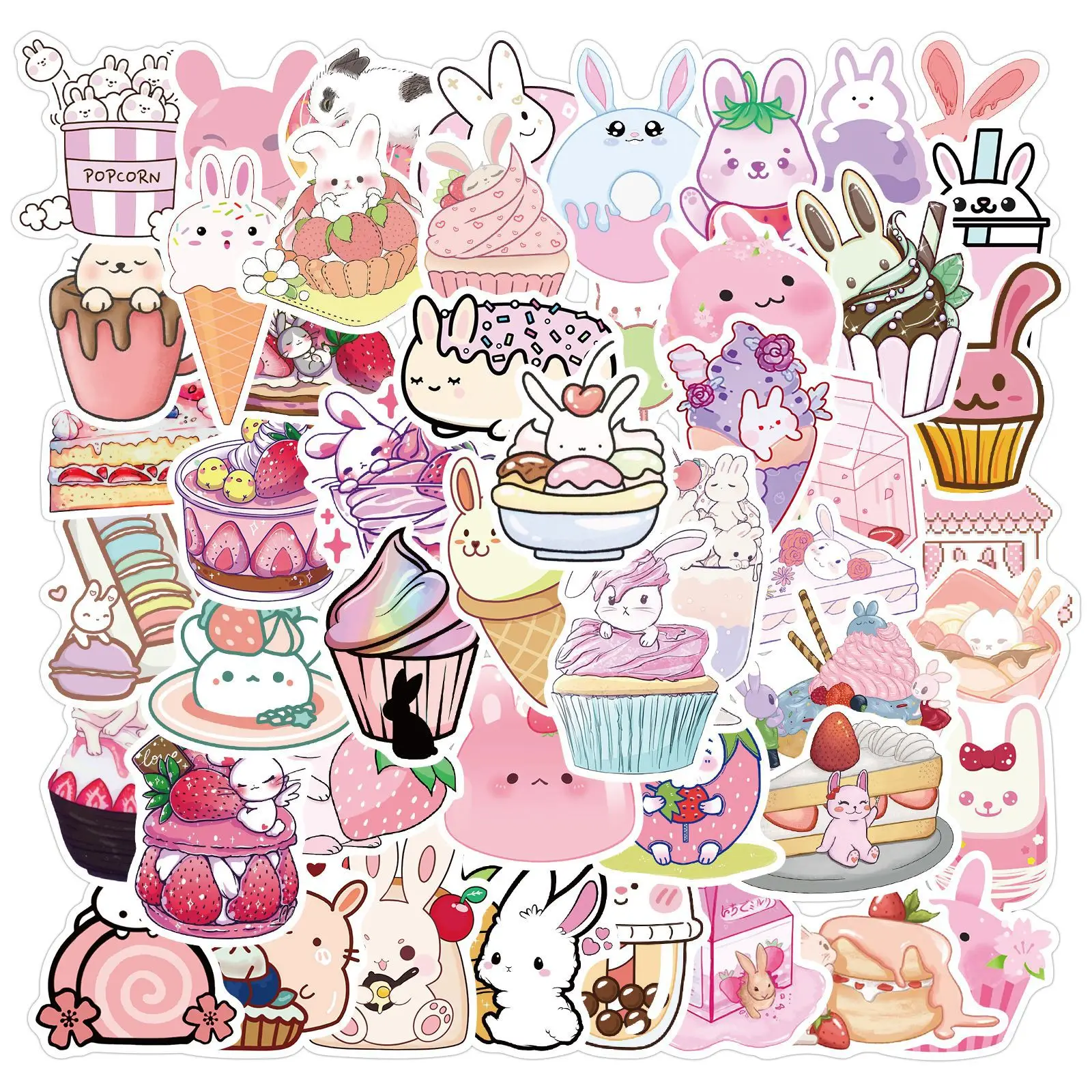 

50pcs 2023 Cute Dessert Rabbit Stickers Kawaii Pink Food Decals DIY Phone Scrapbook Diary Laptop Waterproof Sticker