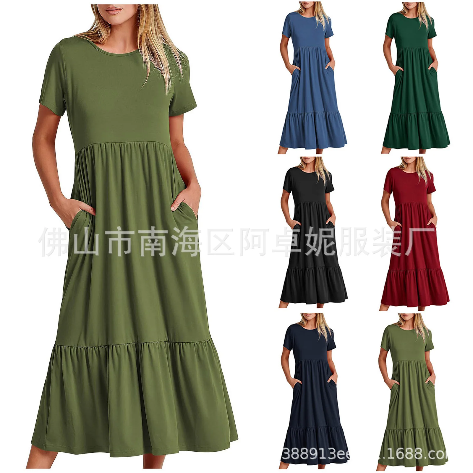 Summer Outfits Dress for Women 2023 New Fashion Sexy Casual Commuter Round Neck Pleated Solid Color Swing Long Dresses