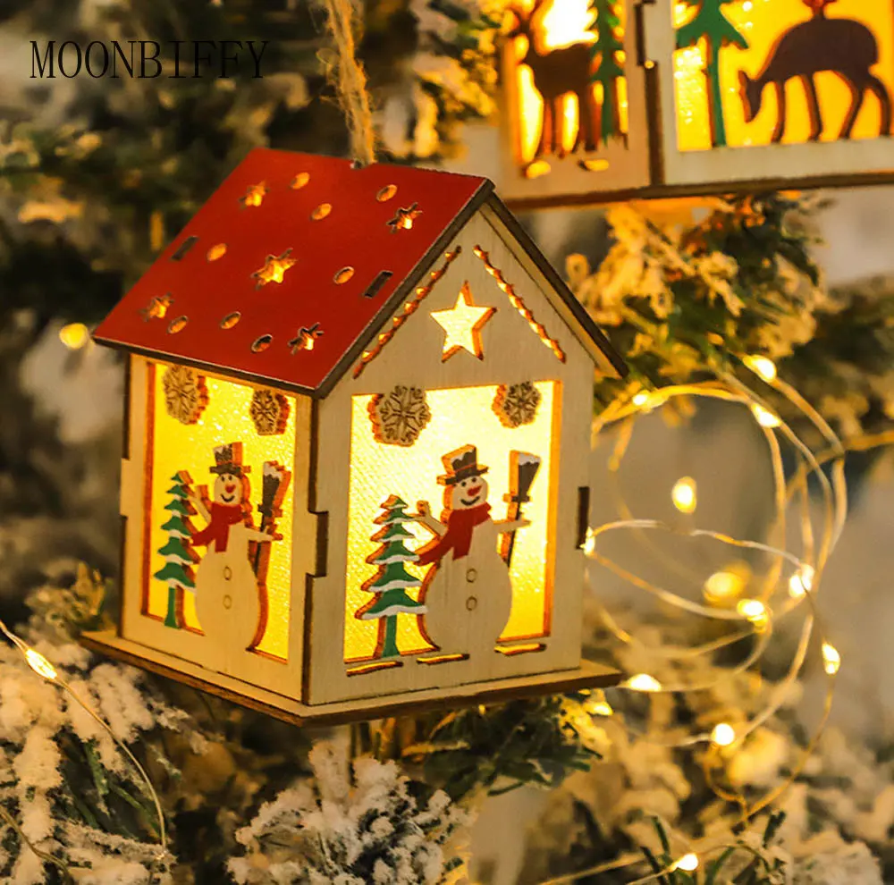

Деревянная мини-Гирлянда для дома, подвесные украшения для рождественской елки, сказочный светильник в форме Белого дома, декор для рождест...