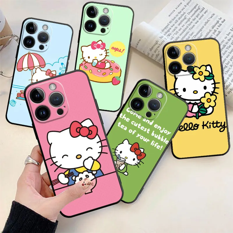 

Soft Cover Phone Case For iPhone 14 13 12 11 Pro Max 6 6S 7 8 Plus X XS XR 12 13 Mini Shell Amine Cute Hello Kitty Rainbow Color