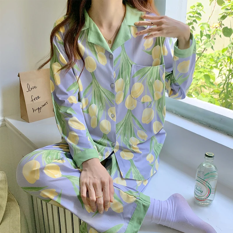 Long sleeve Pajamas Women Summer Sweet Pure Cotton New Tulip Spring and Autumn Winter Student Home Wear Set