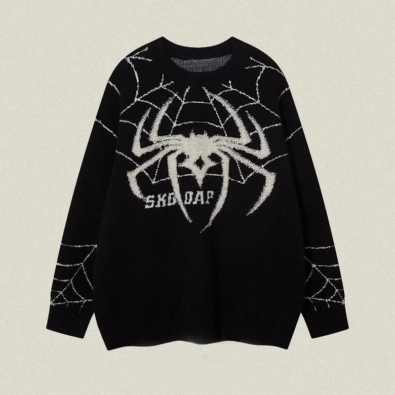 

Эстетичный Ретро трендовый вязаный свитер с принтом паука Готический пуловер Женский уличный теплый Свободный вязаный большой свитер
