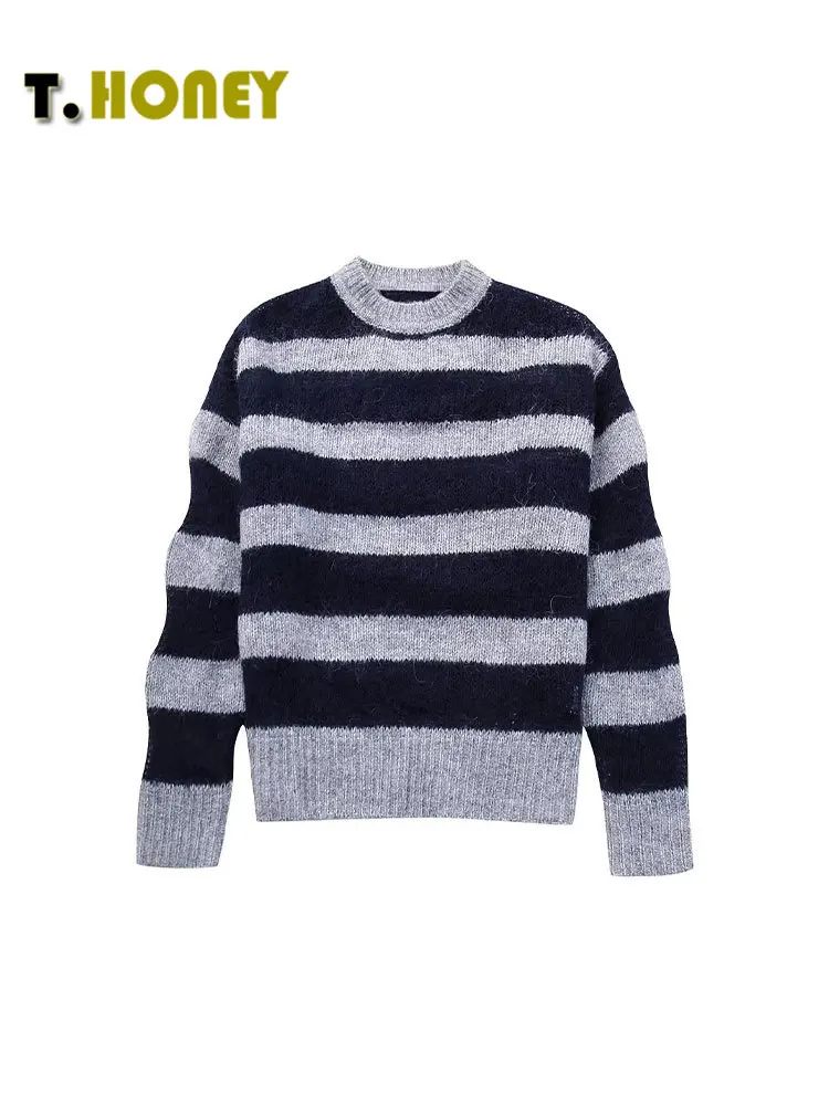 

TELLHONEY Women Fashion O-Neck Knitted Striped Sweater Female Casual Long Sleeves Loose Thick Warm Pullover