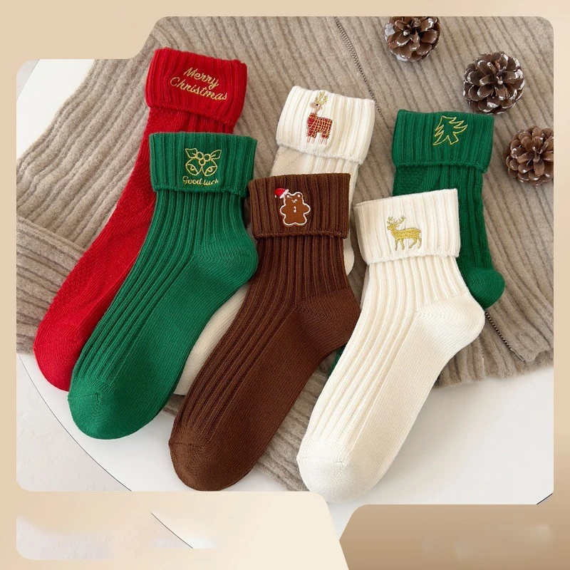 

Хлопковые Мультяшные рождественские носки для женщин носки с вышивкой Счастливого Рождества женские милые носки средней длины с буквами JK рождественские носки