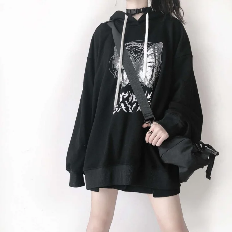 

Deeptown Gothic Graphic Print Black Oversize Hoodies Women Harajuku Streetwear Punk Female Pullover White Sweatshirt Tops 2022