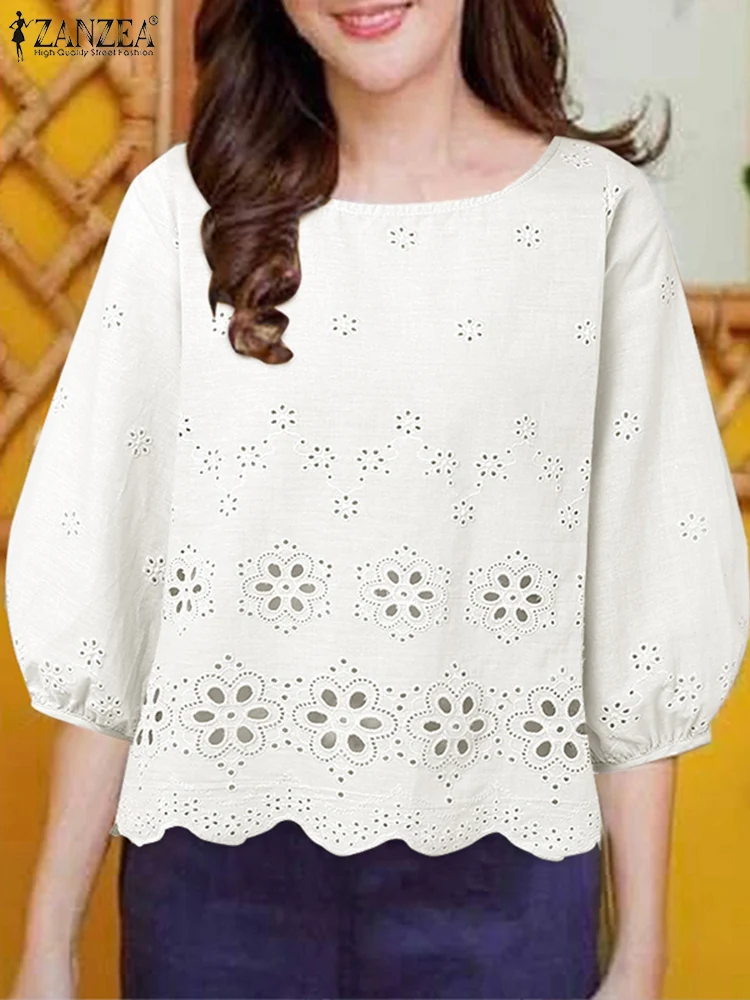 ZANZEA женские кружевные вязаные крючком футболки с круглым вырезом три четверти