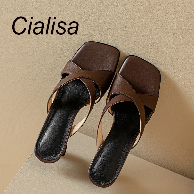 

Cialisa 2023 Summer Concise Open-Toed Slipper New Arrival Genuine Leather Daily Mid Heels Handmade Outside Women's Slippers Red