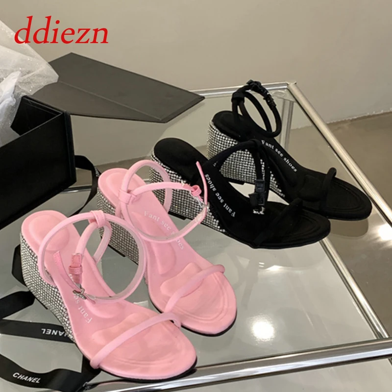 

Women Pumps Ladies Wedges Shoes Casual Footwear Fashion New In Summer Round Toe Diamond Buckle Party Female Heeled Sandals