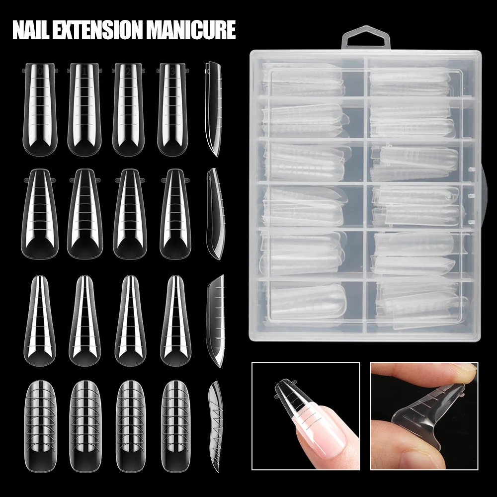 

120pcs False Nails Forms Set Press on Long Coffin Nail Tips Clear Full Cover Fake Nail System Quick Building Gel Mold for Extend