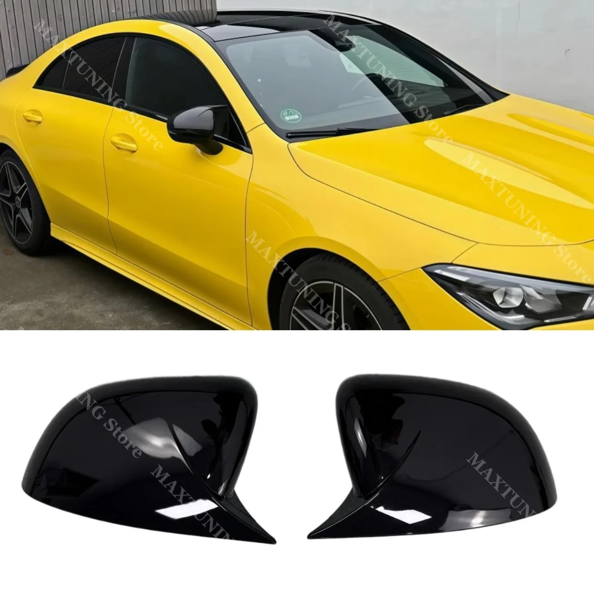 Фото Накладки на боковые зеркала заднего вида для Mercedes Benz CLA C118 180 200 250 AMG CLA 35 45 2019 2020 2021, глянцево-черные, для внешнего тюнинга. №1