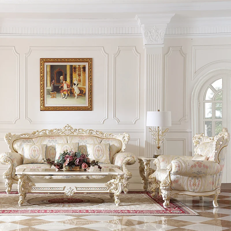 

Дворная французская мебель из цельной древесины, диван из золотой фольги, европейская роскошная гостиная 123, комбинированное украшение P2