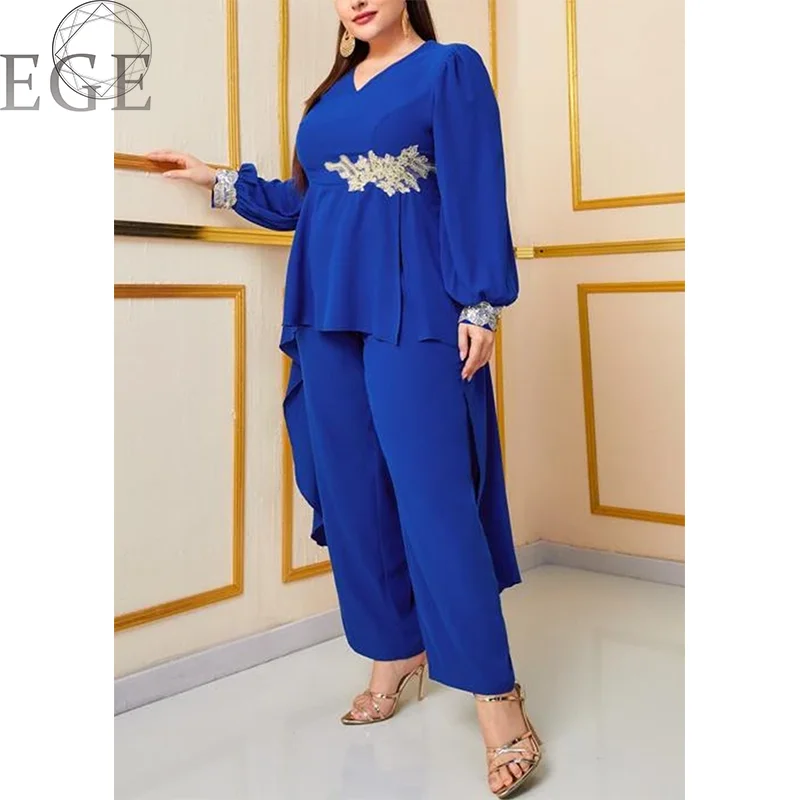 Plus Size Chiffon Commuter Style 2-Piece Set Round Neck Long Sleeve Royal Blue Top and Loose Chiffon Straight Leg Pants