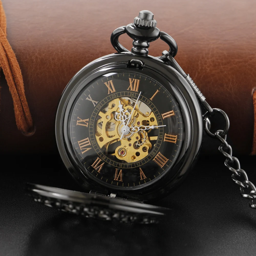Black Hollow Double Opening Manual Gentleman Mechanical Pocket Watch Vintage Men's Necklace Pendant Clock Women's Jewelry Gift