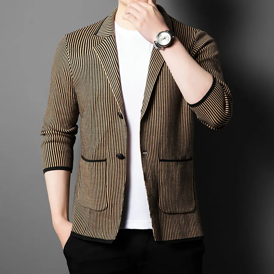 

Men Yellow Navy Blue Gray Vertical Striped Blazers Spring Autumn Knitted Fabric Suit Jackets Male Notched Collar Clothings 2022