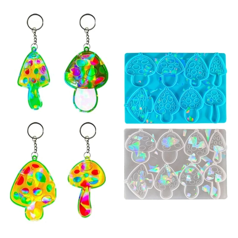 

DIY 8 Cavity Holographic Mushroom Combination Keychain Silicone Mold with Hole Necklace Pendant Charms Epoxy Resin Casting Mould