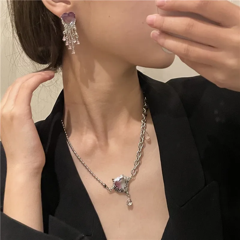 

Purple love Shape Necklace Earrings for Women Party Jewelry Girls Birthday Gifts with gift Box Packing