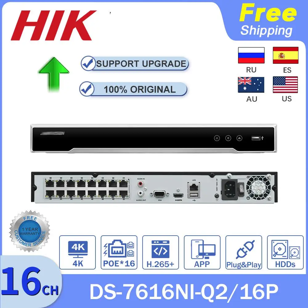 

HIK Original 4K 8MP NVR DS-7608NI-Q2/8P DS-7616NI-Q2/16P 16 Canais POE HDD H.265+ Network Security Video Recorder System