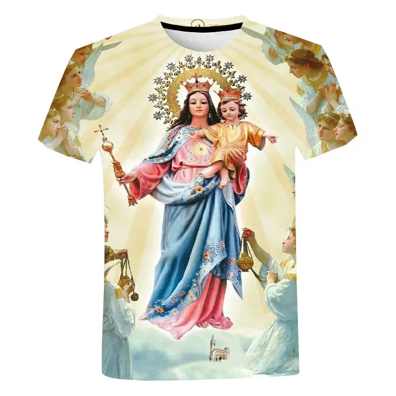 

2023 Blessed Virgin Mary 3D Printing T Shirt Personality Fashion Faith Style Short Sleeved Casual Men/Women Streetwear Tops