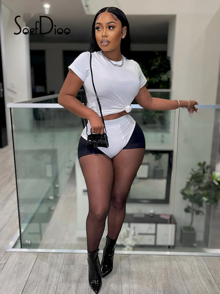 

Soefdioo White Short Sleeve Tshirt and Mesh Patchwork Biker Shorts Two Piece Set Woman 2022 Summer Club Outfits Sexy Streetwear