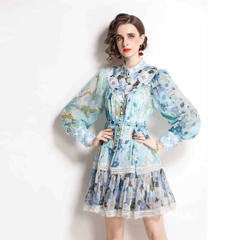 

2022 spring and summer new long sleeved button fitting lace up court elegant dress with suspender
