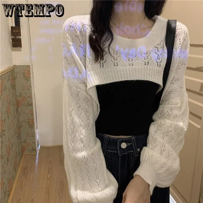 

Вязаный женский топ WTEMPO, однотонные свободные укороченные топы, пуловеры с вырезами, Новое поступление, Мягкий трикотажный топ с длинным ру...