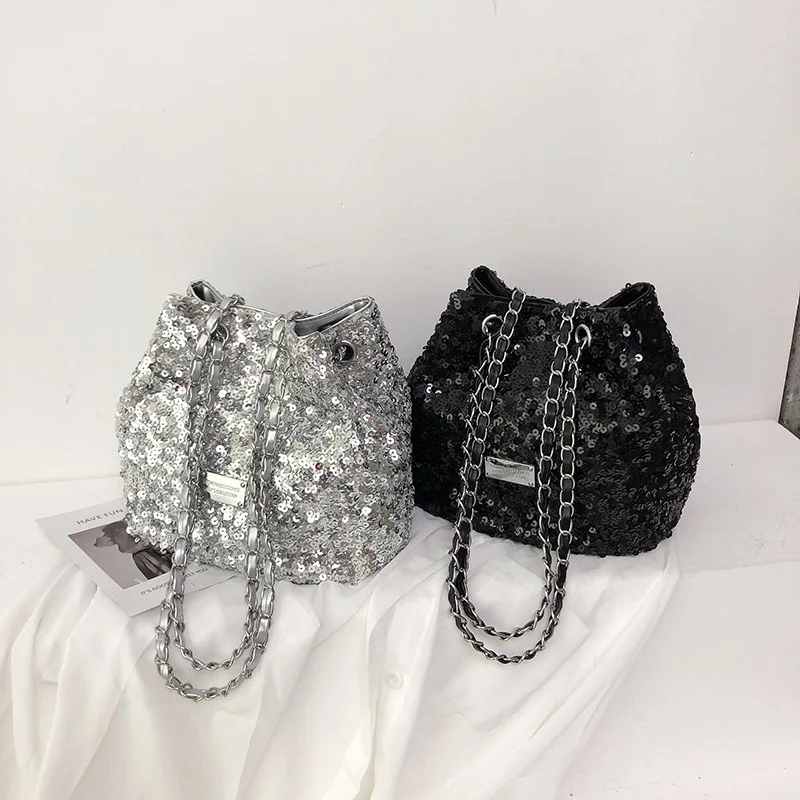 Niche Women's 2023 New Online Celebrity Lady Sequined One-Shoulder Trendy Shiny Trendy Bucket Bag