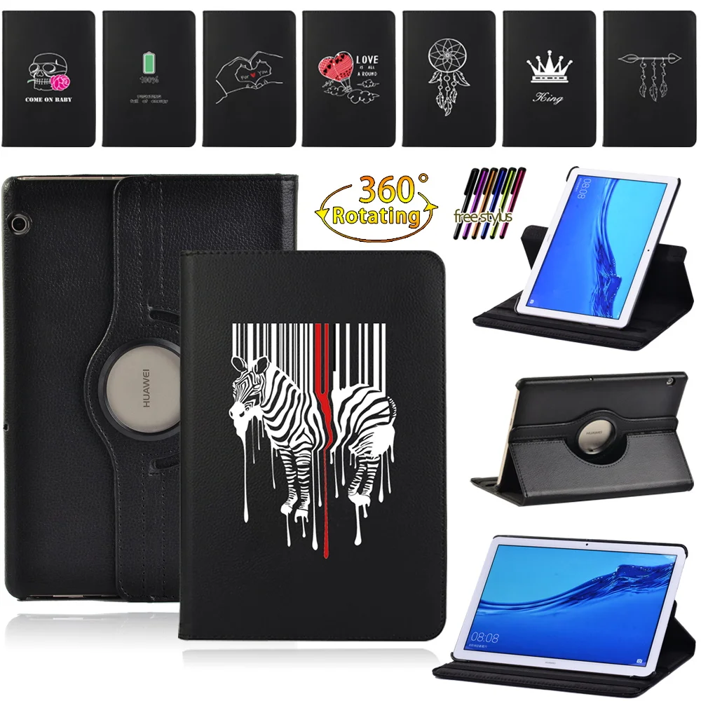 

Tablet Cases for Huawei MediaPad T3 10 9.6" Case 360 Degrees Rotating PU Leather Stand Cover for MediaPad T5 10 10.1 + Stylus