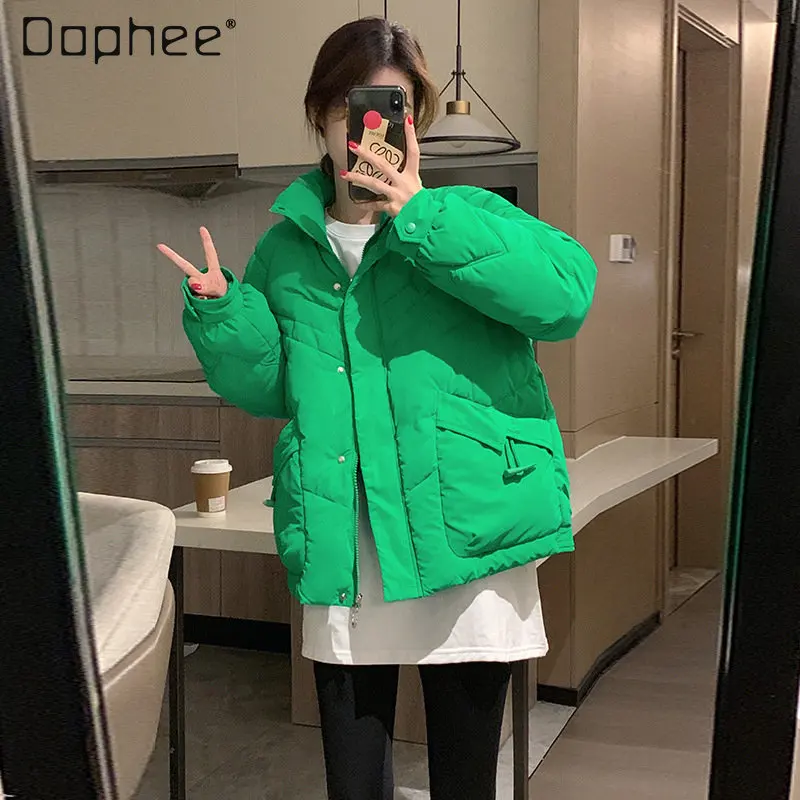 Women's Winter Short down Jacket New Loose Thick Hooded Cotton Coat ladies solid color stand collor single breasted jackets