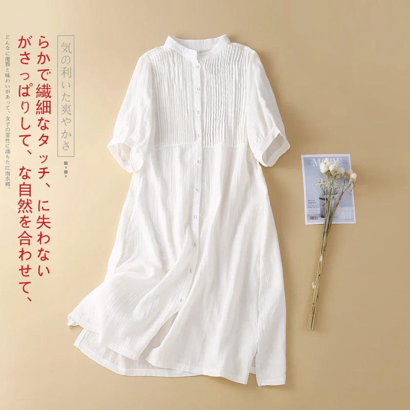 

Summer Cotton Long Shirt Dress Women Drapped Striped Single Breasted Loose Dresses Short Sleeve Summer Stand Collar Clothes I376